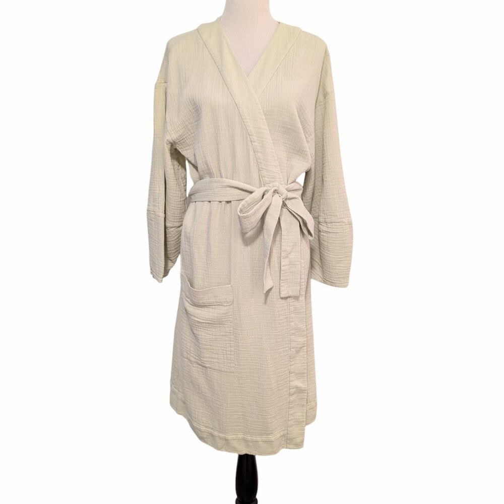 COS Womens Size M Pale Green 100% Cotton Seersucker Texture Tie MIdi Robe Flaw